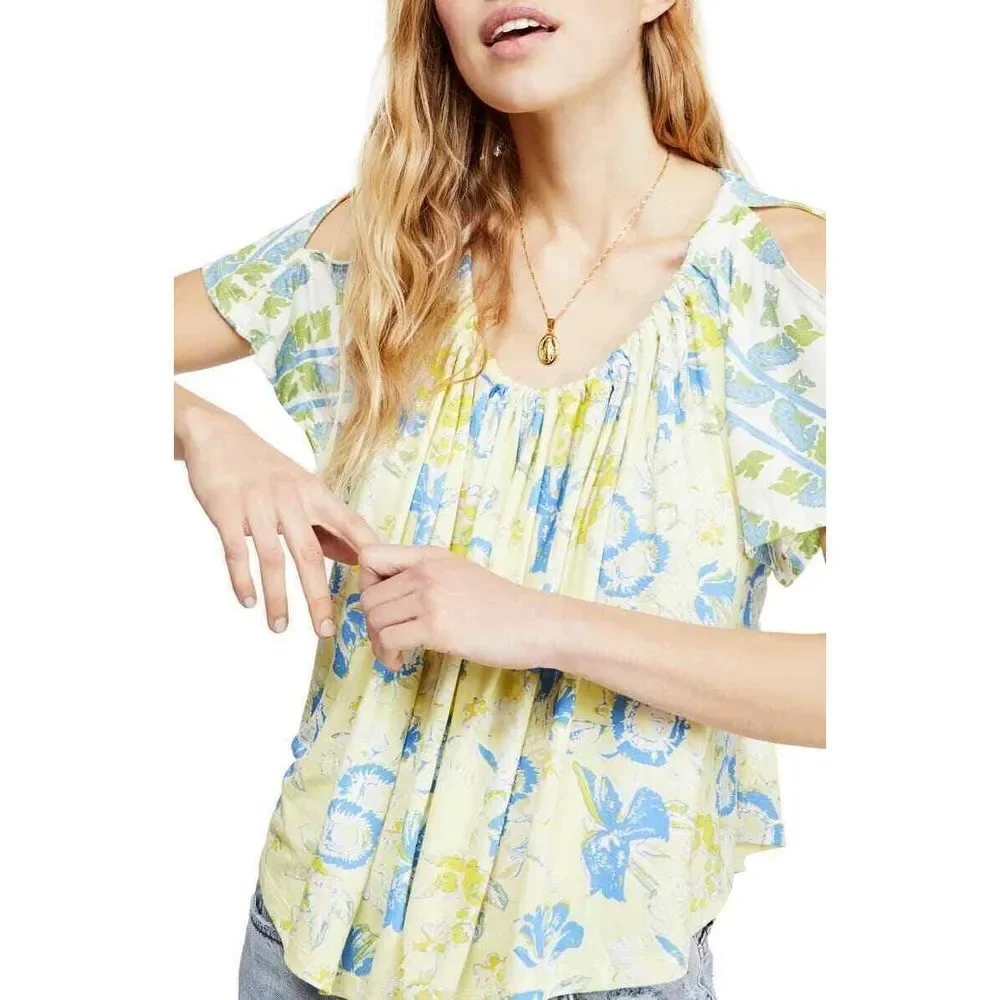Free People Baja Babe Tie Back Cold Shoulder Top Yellow and Green size‎ Small